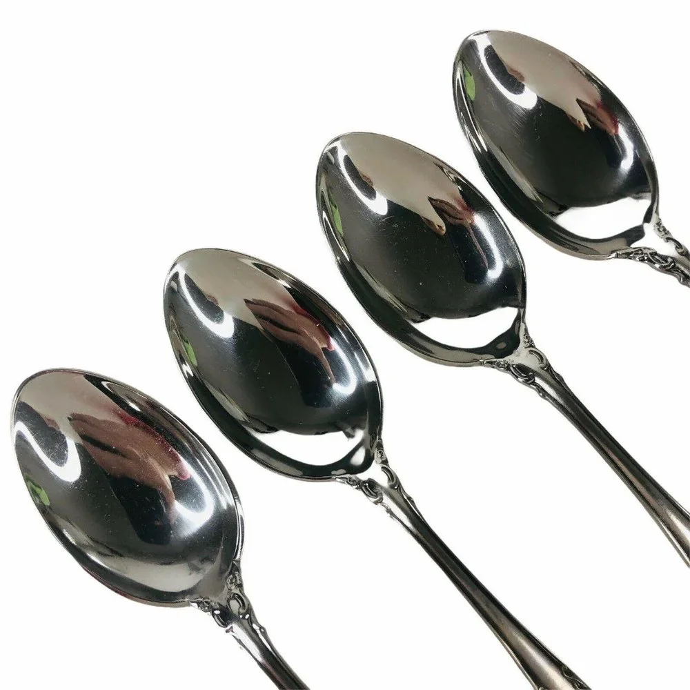 4 Lyon International Queens Fancy Soup Spoons Oval‎ Stainless Flatware Satin VTG